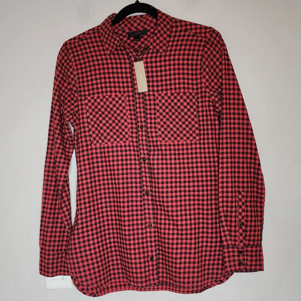 NWT J. Crew Buffalo Check Red Black Plaid Flannel Long Sleeve Button Shirt Sz 2